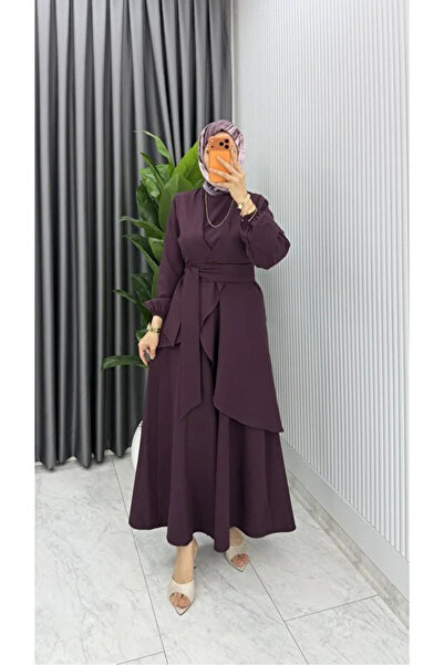 BETES Women's Hijab Plum Crepe Fabric Hanzade Model Tunic Pants Set