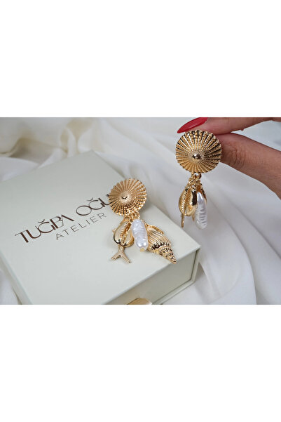 ATELİER TUĞBA Kp683 Sea Shell and Starfish Dangle Earrings (Length 62 mm)