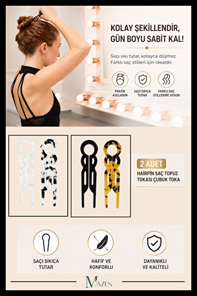 MAZEN 2 Adet Yuvarlak Model Hairpin Saç Topuz Tokası Çubuk Toka Siyah Leopar 9 cm