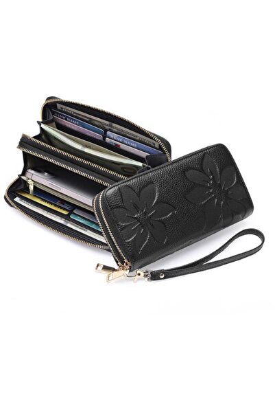 STARSTAR Women's large wallet RFID genuine leather double zipper wrist strap.