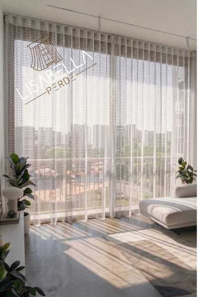 LisabellaHome Lino Grid File Tulle Non-Pleated Plain Extra-Foam Stitched Modern and Elegant Looking Tulle Curtain