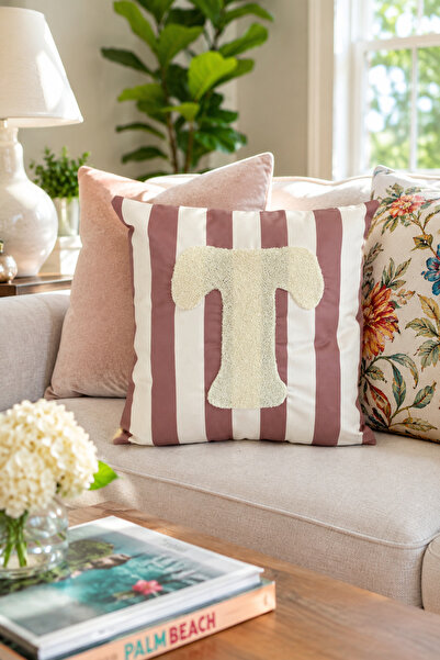 Pilloveland Punch Embroidered Throw Pillow Cover - 43*43 cm - Mocha Letter t ...
