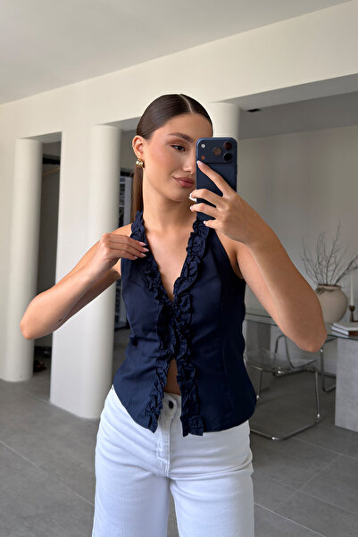 MAGARDE V-Neck Ruffled Blouse - Dark Blue