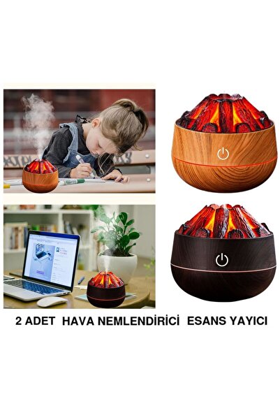 2 ADET ŞÖMİNE TASARIMLI USB LI LED AYDINLATMALI HAVA NEMLENDİRİCİ,AROMATERAPİK HAVA DİFÜZÖRÜ,BUHURDANLIK,,SİS SPREYLİ GECE LAMBASI, 300 ml 10x10X10,3cm KAHVERENGİ