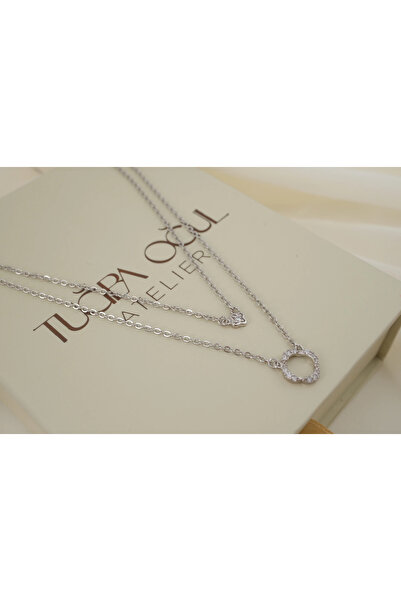 ATELİER TUĞBA Kol762 Minimal Double Necklace with Clover and Ring End Silver