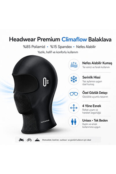 headwear Climaflow Yazlık Balaklava Siyah – Nefes Alan Kask Altı Motorcu Maskesi, Unisex