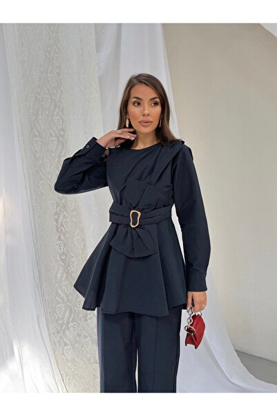Hatun Atila Women's Gold Buckle Bow Detailed Peplum Blouse and Wide-Leg Pants...