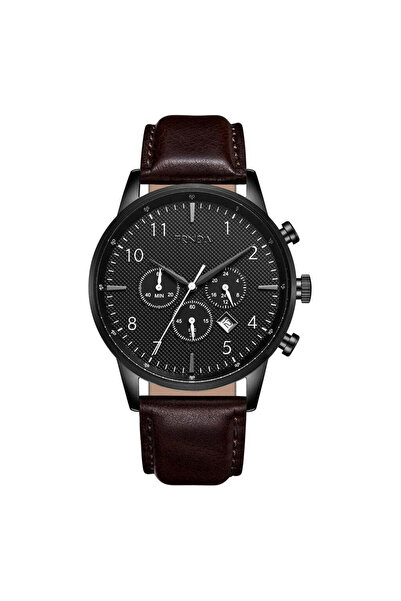 TRNDA Men's Stainless Steel Black Watch, Brown Leather Band | Trn-43mm-Bl