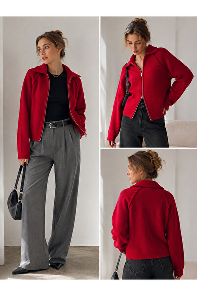 Retrobird Rosalie Oversize Polo Yaka Çift Fermuarlı Triko Hırka Kadın Kırmızı
