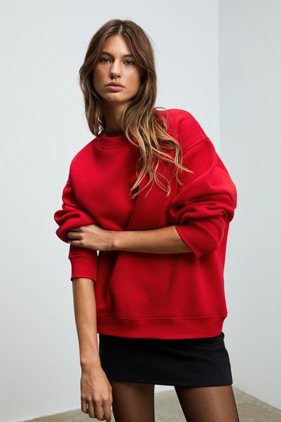 ETHIQUET KARIUS Kadın Organik Pamuklu İçi Polarlı Oversize Yuvarlak Yakalı Kırmızı Sweatshirt