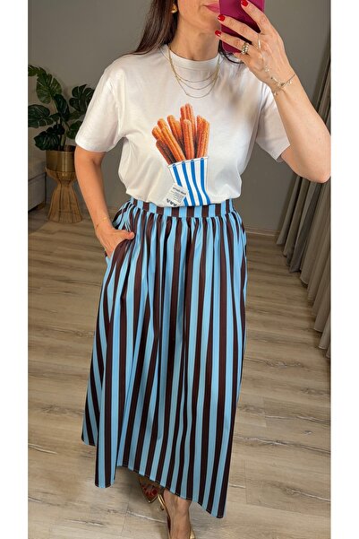 Midiverenkli Çizgili Beli Büzgü Detaylı Etek