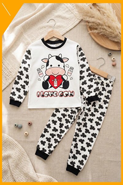 Generic Brand Cow Heart Patterned Unisex Children's Pajama Set 100% Cotton Black