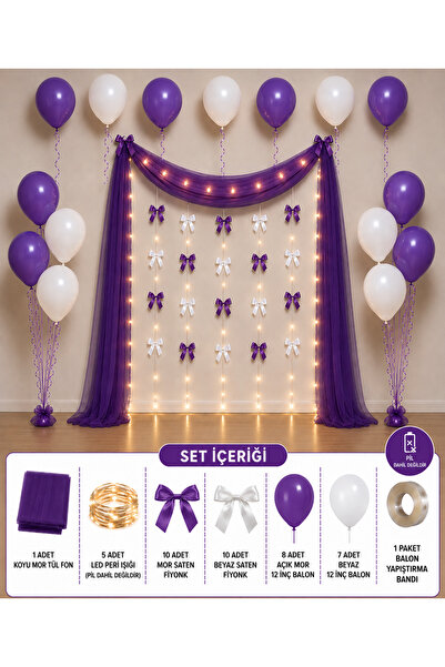 HAPPYLOOPPARTY Mor Beyaz Tül Fonlu Doğum Günü Süsleme Seti 15 Balonlu Led Işı...