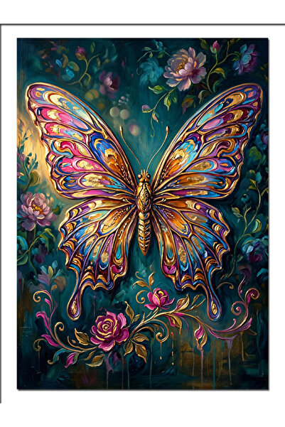 Artmeg Pânză decorativă cu fluturi colorați și mandala florală - Tablou din l...