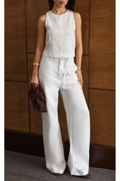 Moda Days Set de pantaloni și bluză ALB pentru femei, cu decolteu tip crew, f...