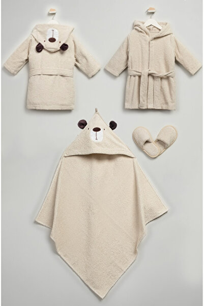 Bebitof Hooded Embroidered Baby Bathrobe Set (Bathrobe + Towel + Slippers)