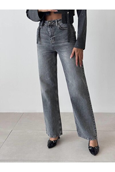 Moda Days Women's Anthracite High Waist Washed Wide Leg Long Wide Leg Jeans
