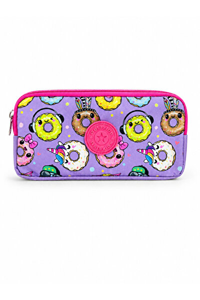 Mevo Donut Patterned Zippered Multi-Compartment Lilac Colored Pen Holder