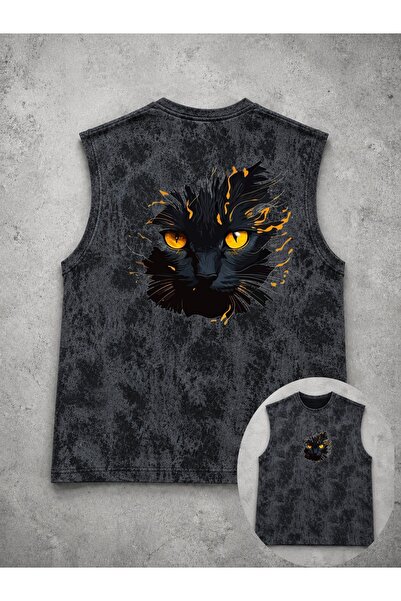 classy moda Unisex Black Washed Sleeveless Tank Top with Visual Print on the ...
