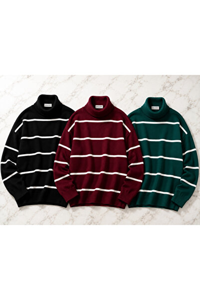 DepoExport Women's 3-Piece Striped Knitwear Sweater Oversize Loose Design