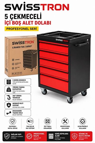 SwissTron Atölye Takım Arabası | 5 Çekmeceli Kilitli Tekerlekli Alet Dolabı Teleskopik Raylı İçi Boş Pro Seri