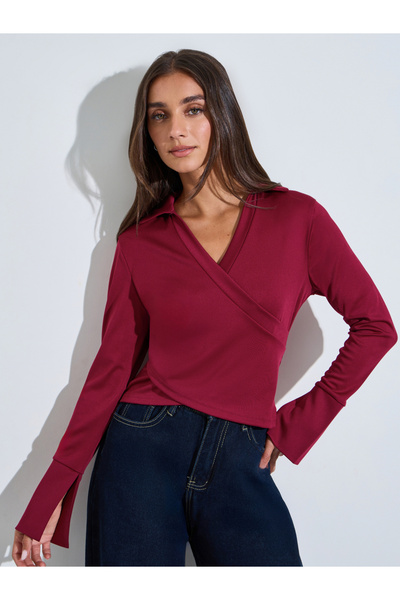 Styli Burgundy Flared Long Sleeve Wrap Top