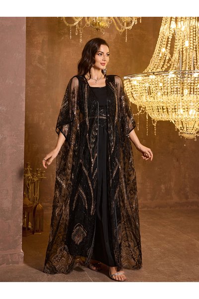 SUPGIR Black Sequin Mesh Kimono and Maxi Dress Co-ord Set