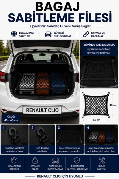 BEKSİT DRIVE Bagaj Sabitleme Filesi Renault Clio Uyumlu(40x60)