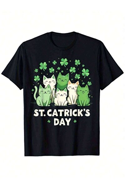23ERVA St. Patrick's Day T-Shirt Unisex Clover Pattern Cute Cat Lover Print S...