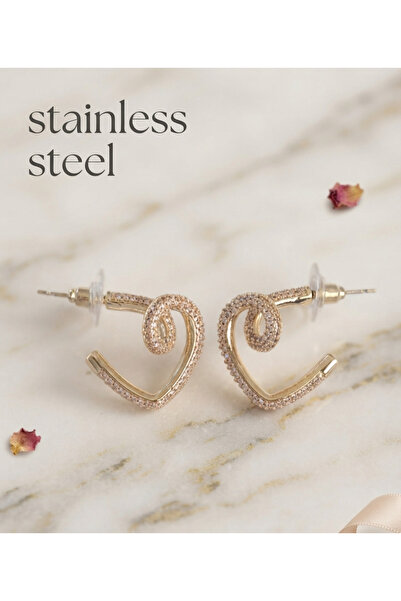 stainless steell أقراط نصف قلب منحني من حجر الزركون باللون الذهبي النحاسي
