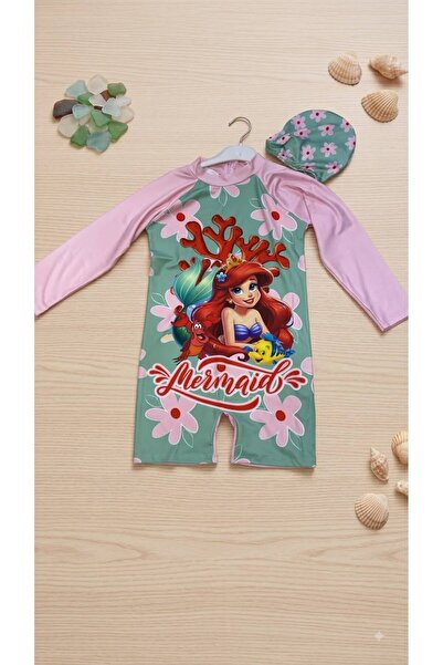 mikam Girls' Long Sleeved Swimsuit New Model with Shorts and Printed Tulle