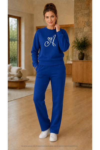 TREND EMMODA Women's Heart Detailed Letter a Printed Tracksuit Set / Round Ne...