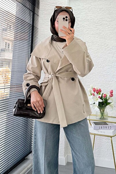 MELEK ARAZ Premium Stand Collar Belted Malta Trench Coat - Stone