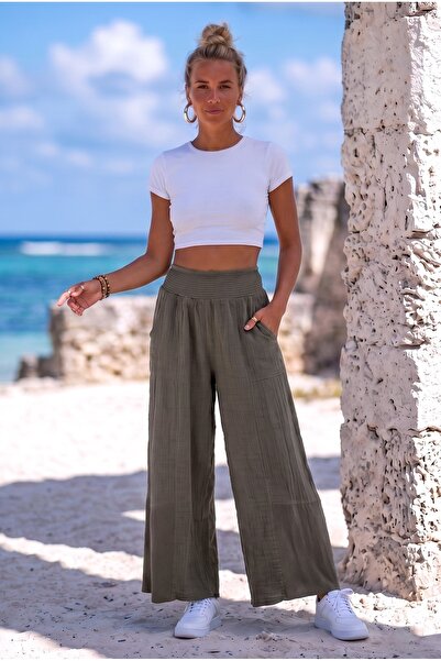 Chiccy Khaki Pocketed Mesh Detailed Elastic Waist Wide Leg Casual Cotton Wove...
