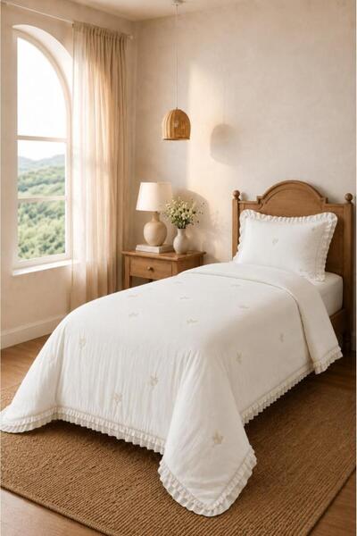 Çeyiz Diyarı Bigo Embroidered Ruffled Single Bedspread Cream