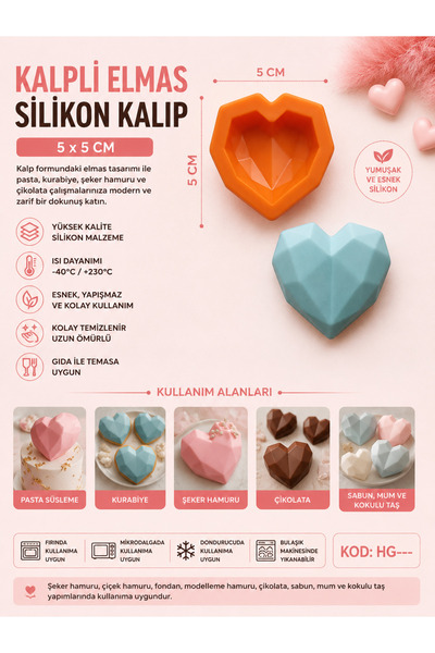 pratikpastacılık Heart-Shaped Diamond Crystal Figured Silicone Mold 5 X 5 cm ...