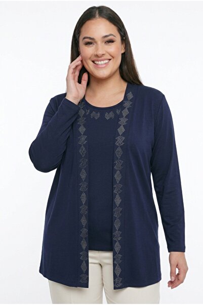 By Saygı Women's Stone Printed Blouse Cardigan Lycra Plus Size 2-Piece Set