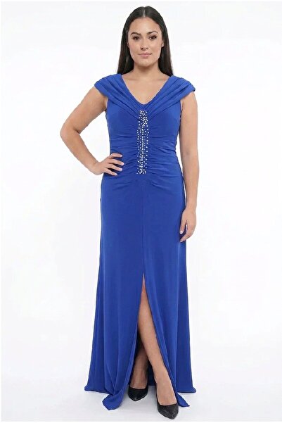 By Saygı Women's Madonna Collar Lined Stone Detailed Draped Plus Size Lycra S...