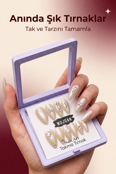 MUJGAN 12’li Takma Tırnak Seti Nail Art Desenli Parlak Görünüm Krem Renk