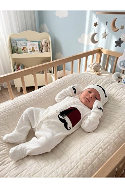 Efemkids Yenidoğan Organik Pamuk Taç Desenli Patikli 3 Parça Bebek Hastane Çı...