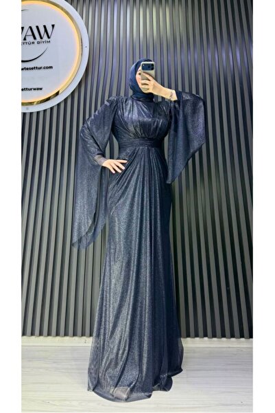 waw tesettür Cindirella Simli Drape Detaylı Tesettür Abiye Elbise