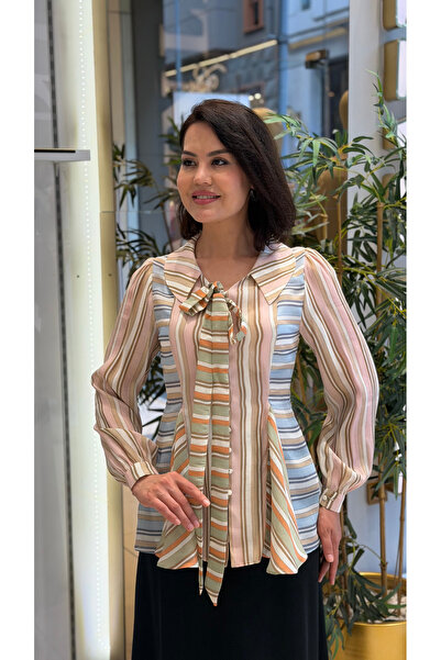 DAWN LİNE Women's Striped Scarf Collar Shirt |   Waist Pleated Long Sleeve Bu...