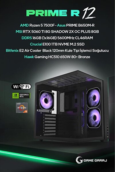Game Garaj Prime R12 AMD R5 7500F 8GB RTX5060Ti 16GB RAM 1TB SSD FreeDOS Oyun...