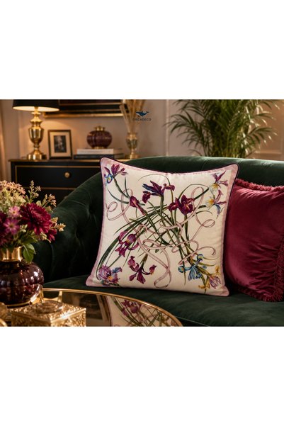 orcadeco İris Çiçeği Desenli Dekoratif Kırlent Kılıfı – Pembe Ekru Floral Bot...