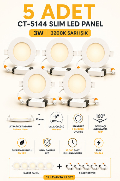 Yenilig 5 Adet CT-5144 3W Slim LED Panel 3200K Sarı Işık – Ultra İnce 15 mm –...