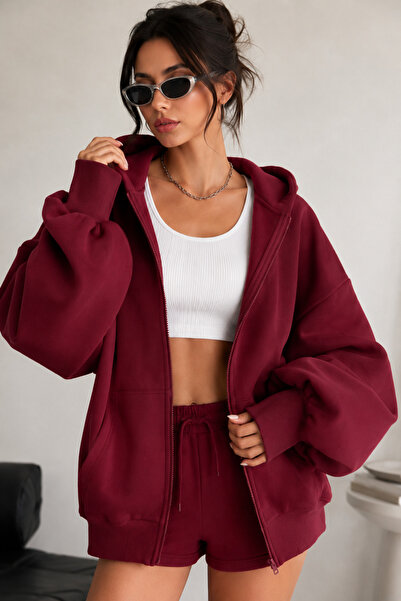 Moda Minimo Γυναικεία ζακέτα με κουκούλα και μανίκια μπαλόνι, με φερμουάρ, μα...