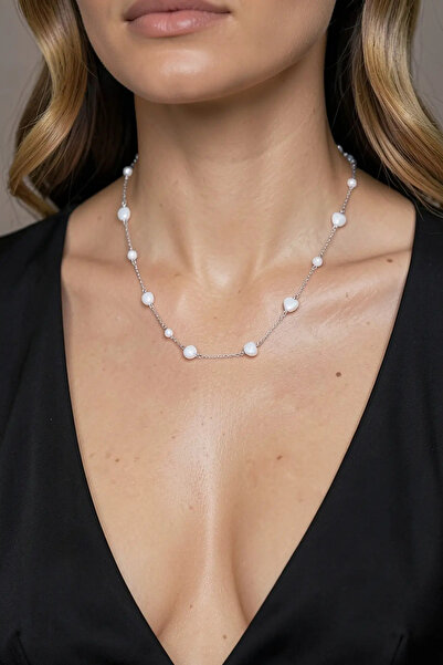 PRVT Silver Color Pearl and Heart Station Necklace