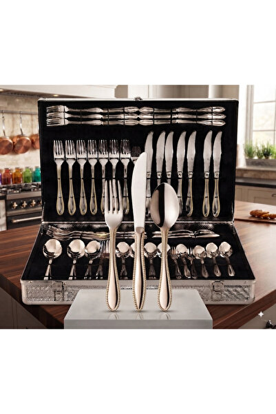 ALSAIF KITCHEN شنطة ملاعق استيل 18/10الخامة 60 قطعة استيل فضي ذهبي