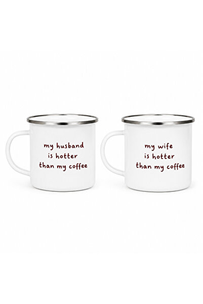 OEM Set of 2 enameled mugs My Wife & My Husband Is Hotter Than My Coffee, ena...