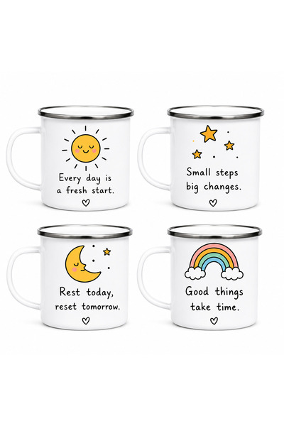 OEM Set of 4 enamel mugs Daily Positivity, enameled metal, white